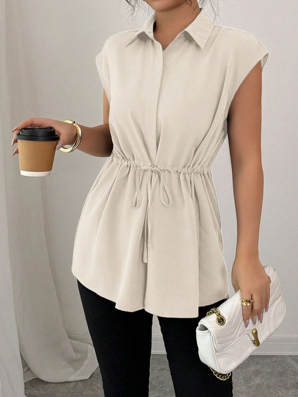 Drawstring waist cap sleeve shirt - Godess beauty  #
