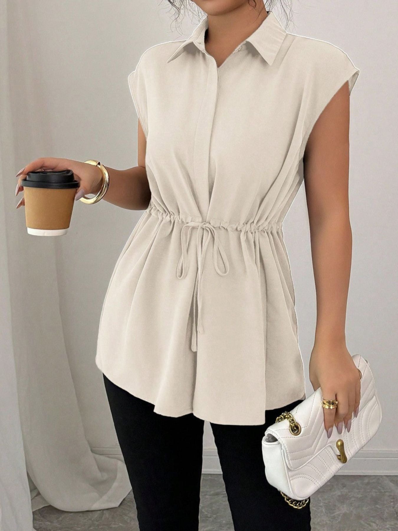 Drawstring waist cap sleeve shirt - Godess beauty  #