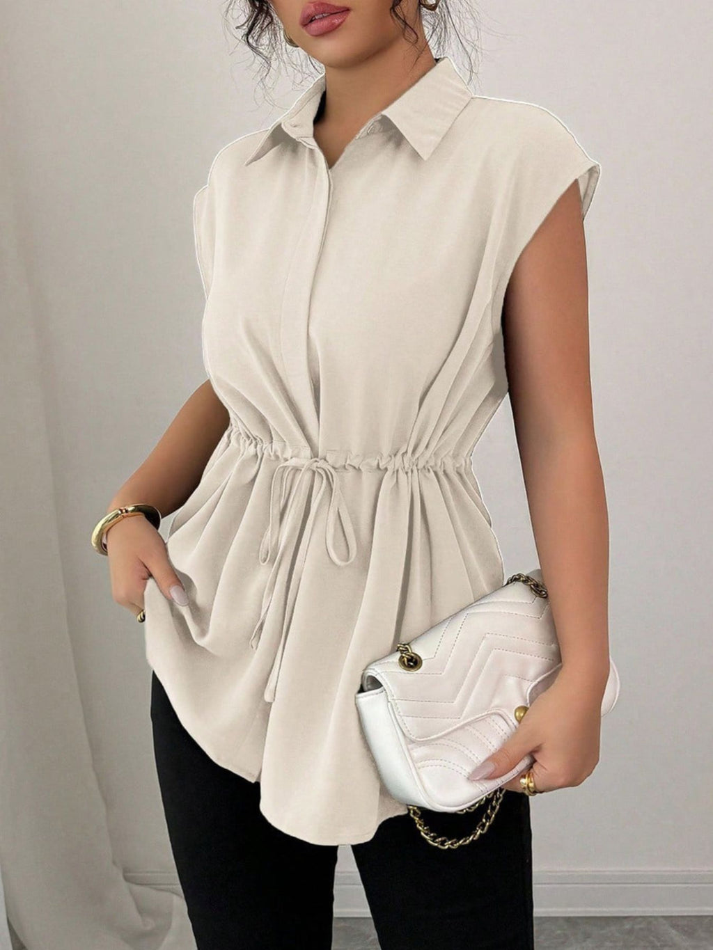 Drawstring waist cap sleeve shirt - Godess beauty  #