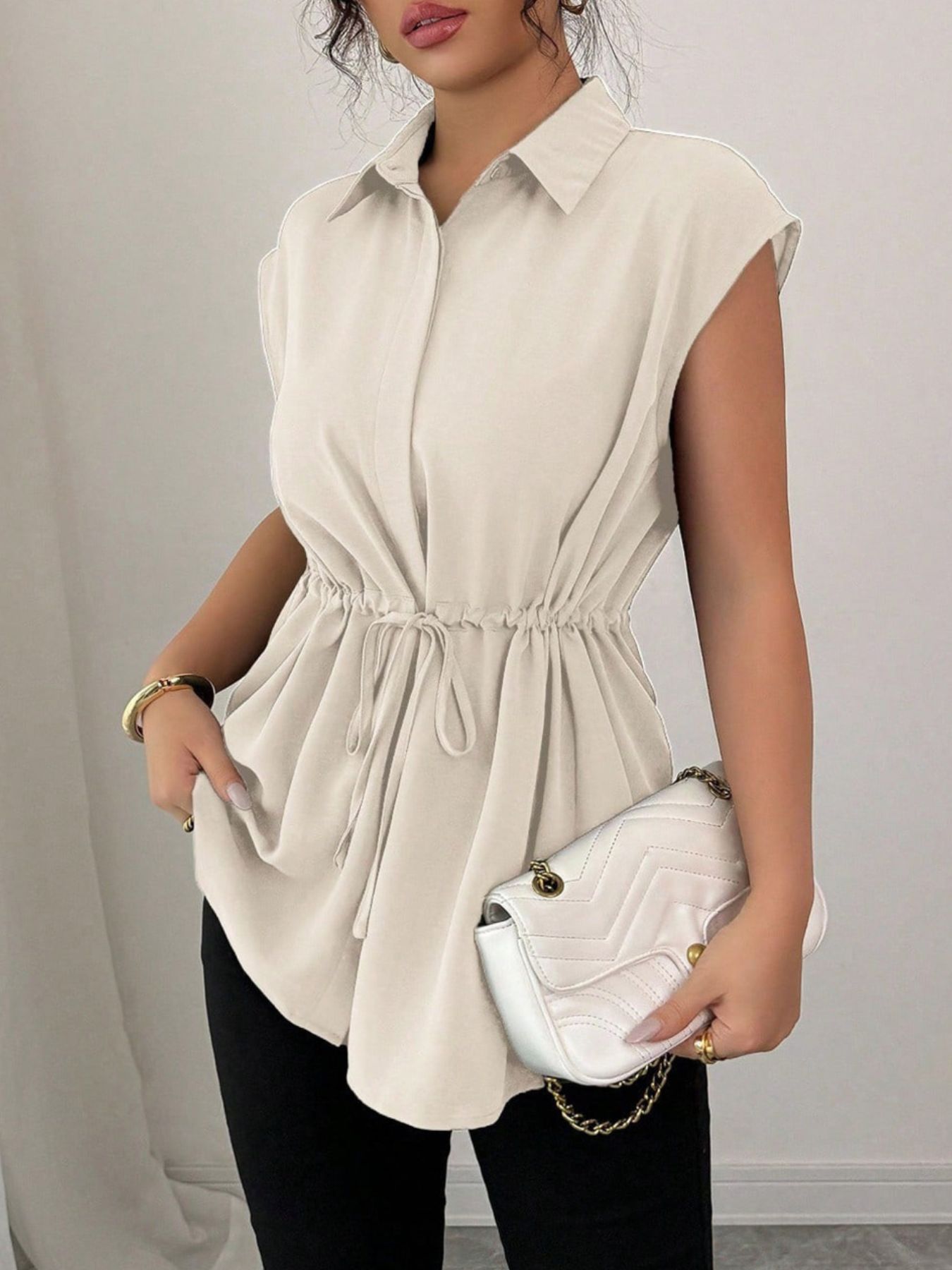 Drawstring waist cap sleeve shirt - Godess beauty  #