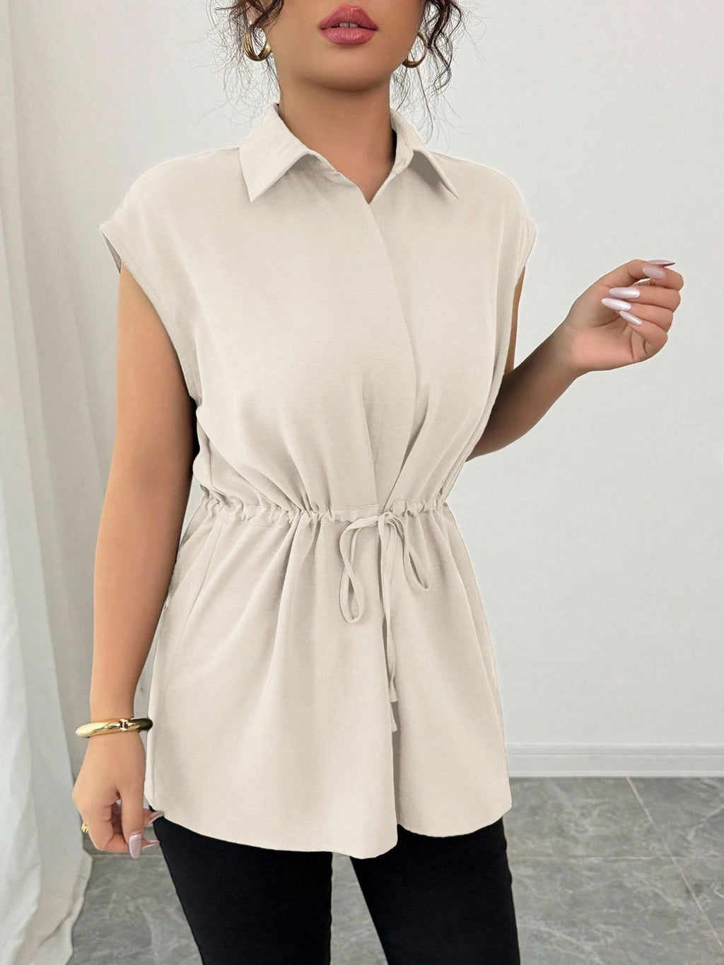 Drawstring waist cap sleeve shirt - Godess beauty  #