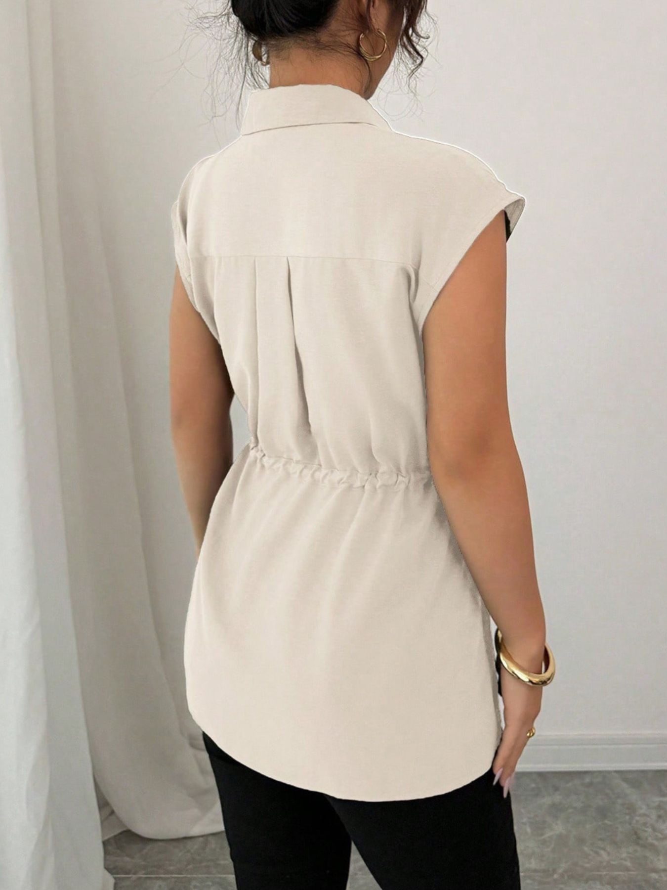 Drawstring waist cap sleeve shirt - Godess beauty  #
