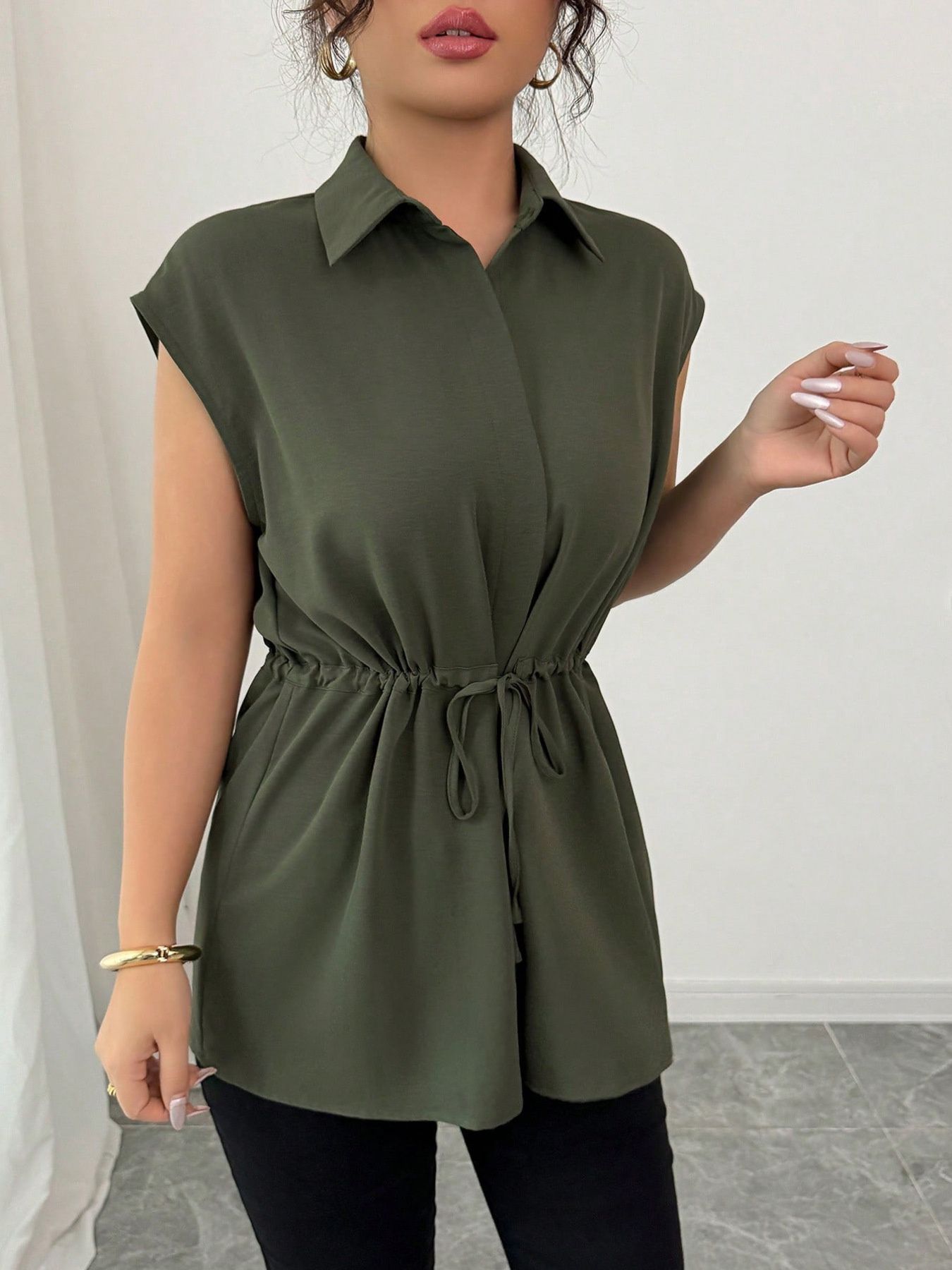 Drawstring waist cap sleeve shirt - Godess beauty  #