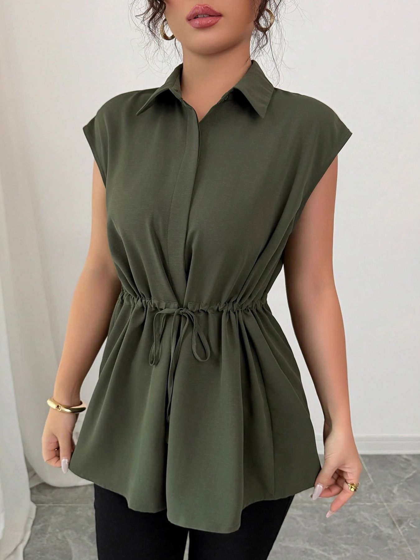 Drawstring waist cap sleeve shirt - Godess beauty  #