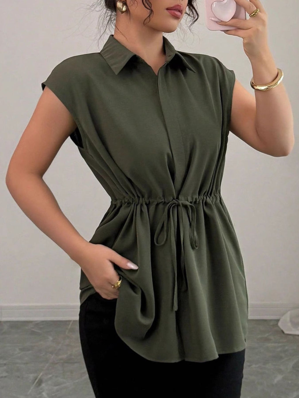 Drawstring waist cap sleeve shirt - Godess beauty  #