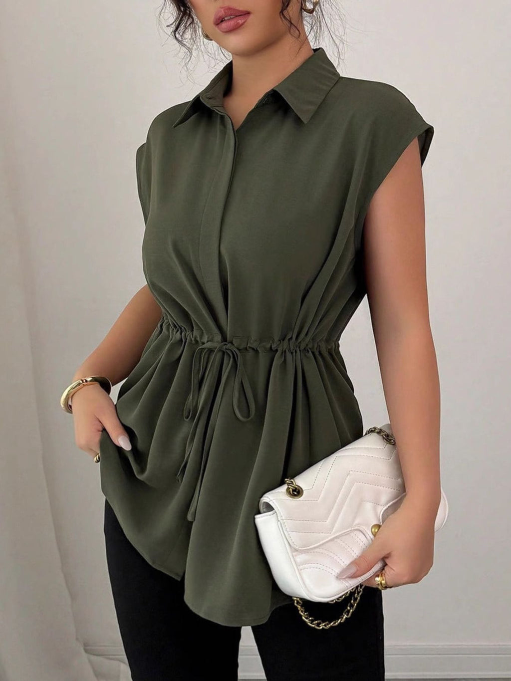 Drawstring waist cap sleeve shirt - Godess beauty  #