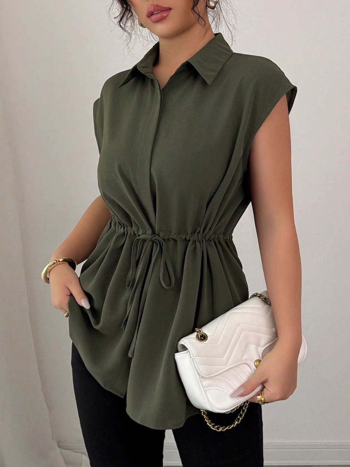 Drawstring waist cap sleeve shirt - Godess beauty  #