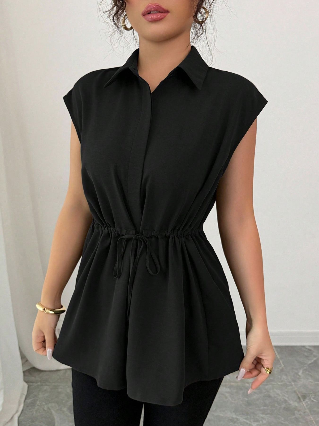 Drawstring waist cap sleeve shirt - Godess beauty  #
