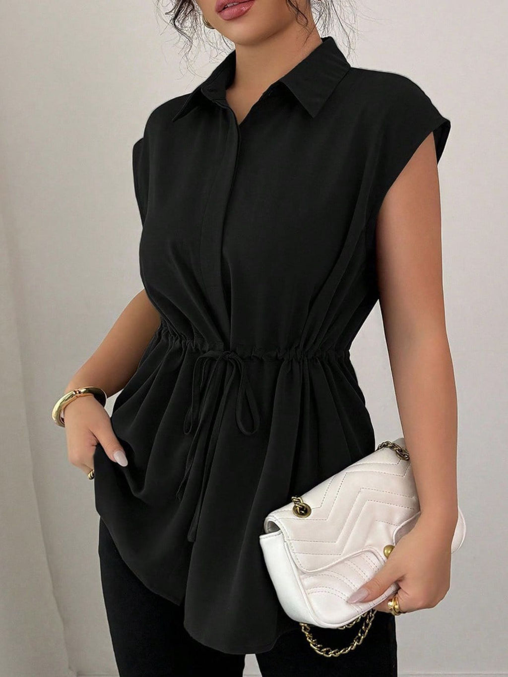 Drawstring waist cap sleeve shirt - Godess beauty  #