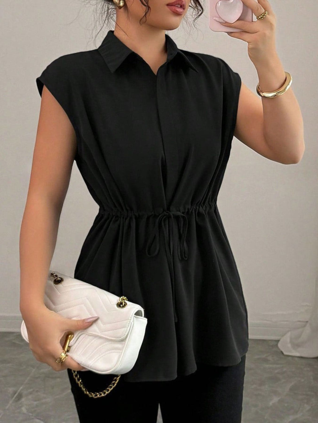 Drawstring waist cap sleeve shirt - Godess beauty  #