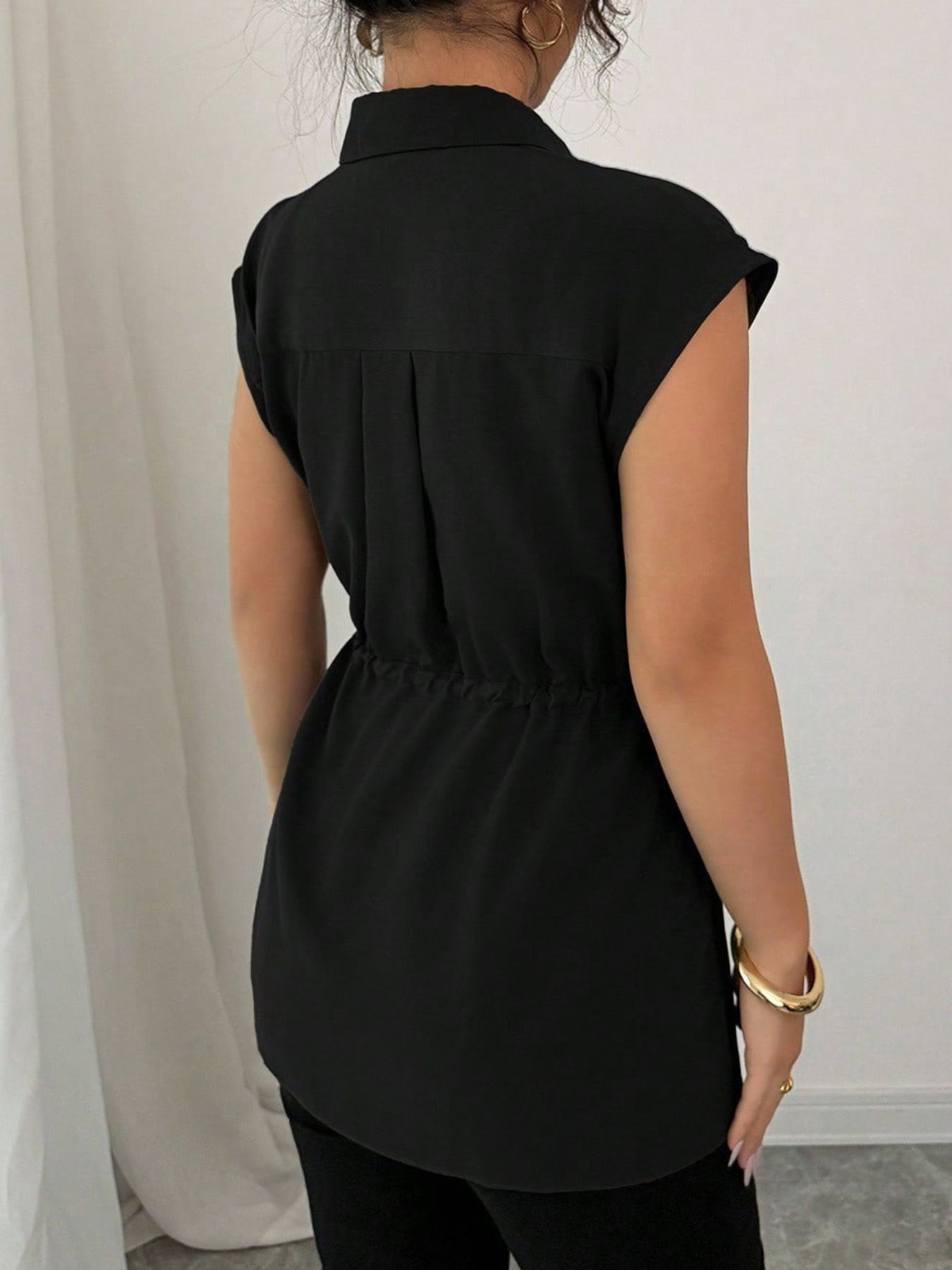 Drawstring waist cap sleeve shirt - Godess beauty  #