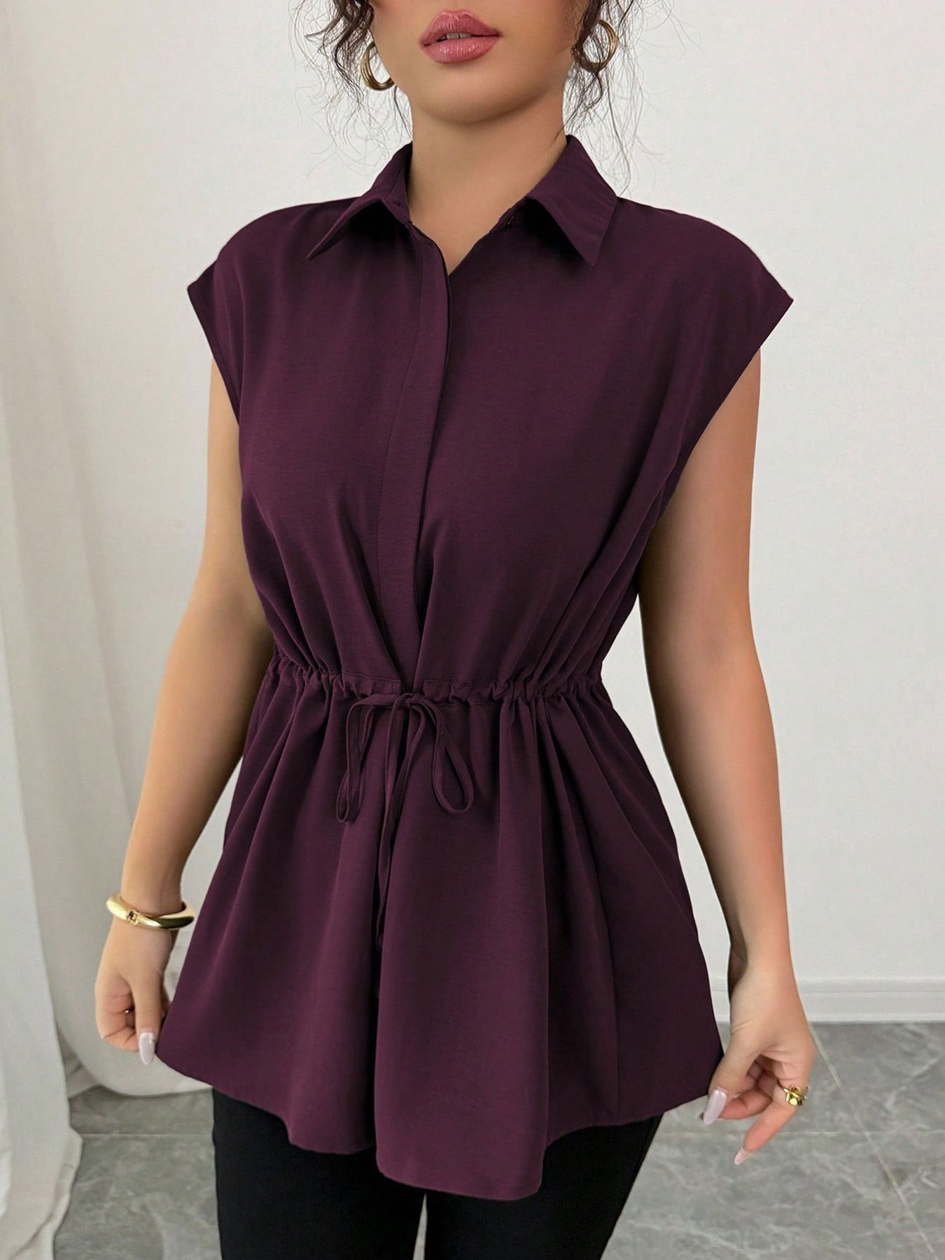 Drawstring waist cap sleeve shirt - Godess beauty  #
