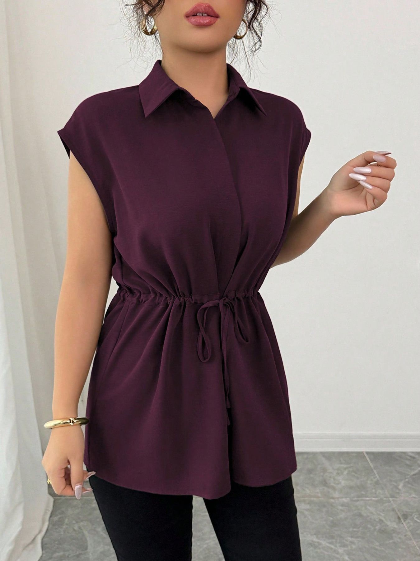 Drawstring waist cap sleeve shirt - Godess beauty  #