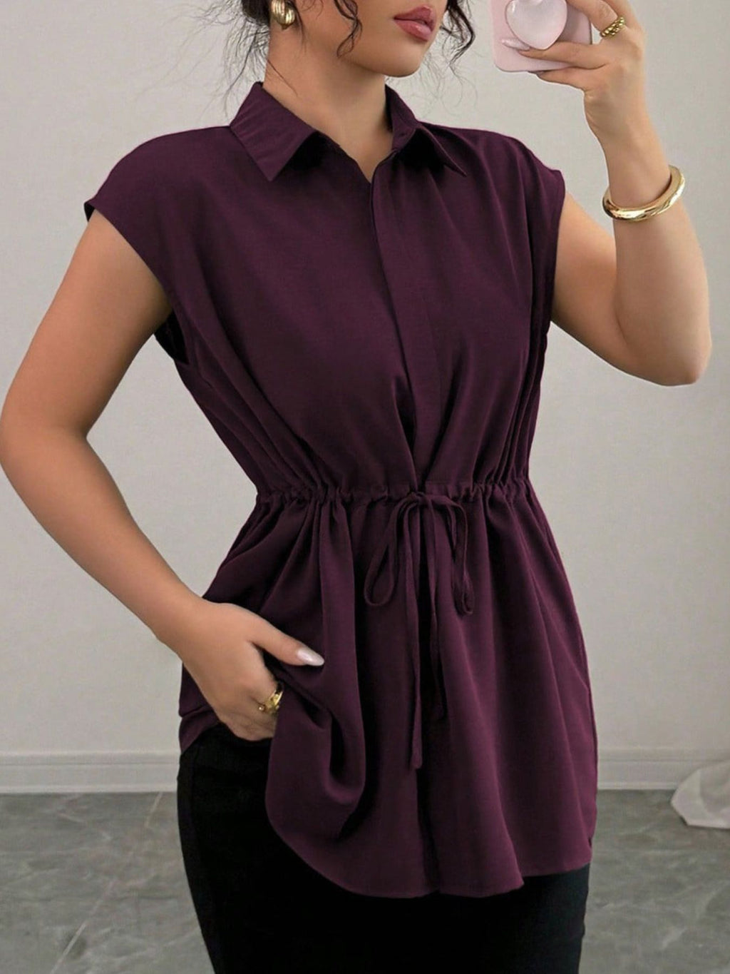 Drawstring waist cap sleeve shirt - Godess beauty  #