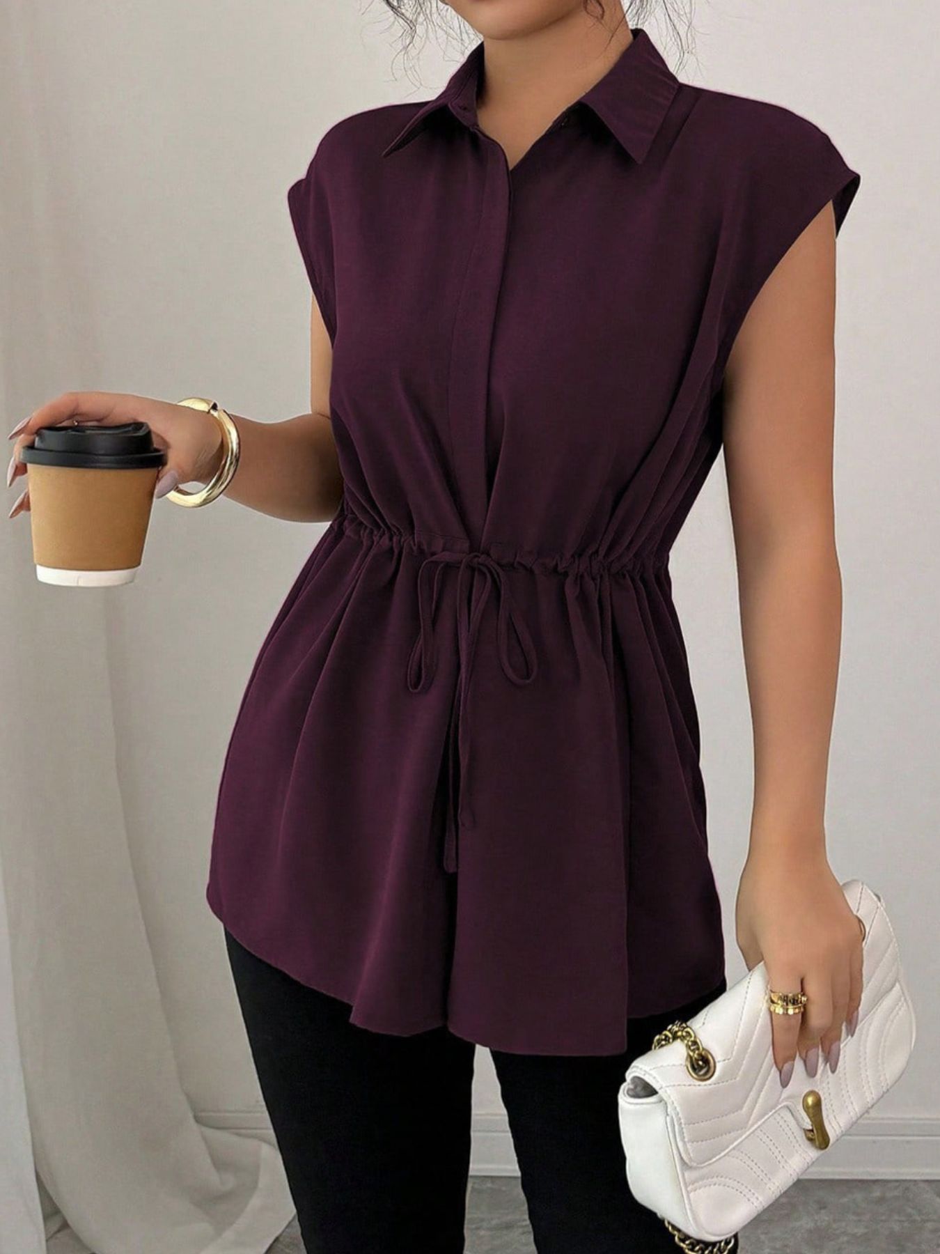 Drawstring waist cap sleeve shirt - Godess beauty  #