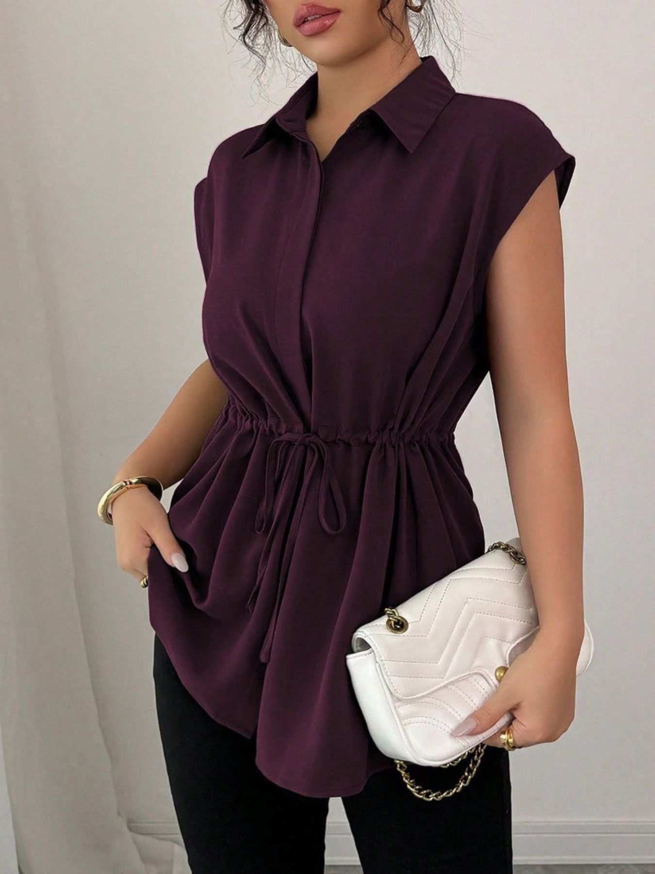 Drawstring waist cap sleeve shirt - Godess beauty  #