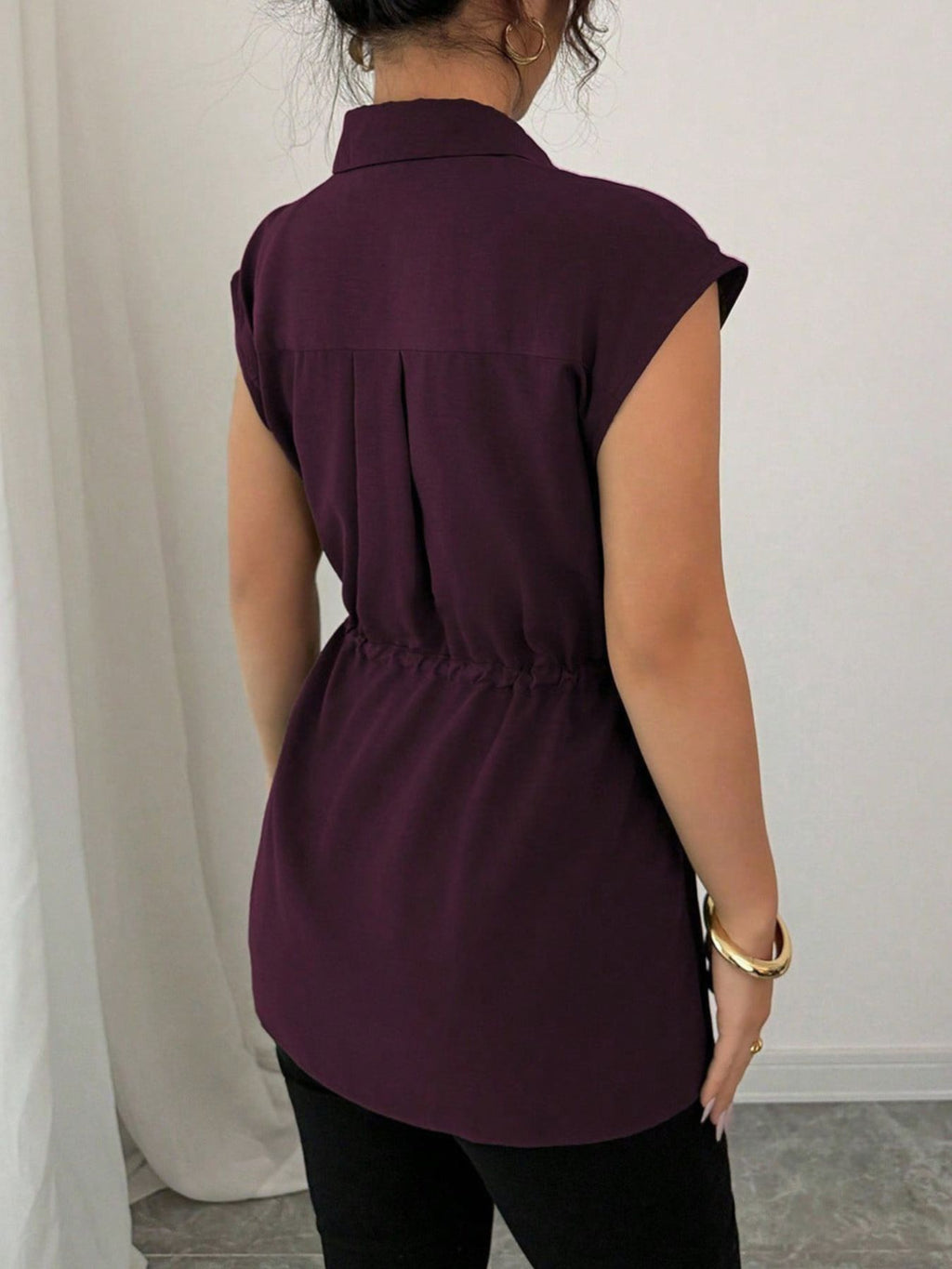 Drawstring waist cap sleeve shirt - Godess beauty  #