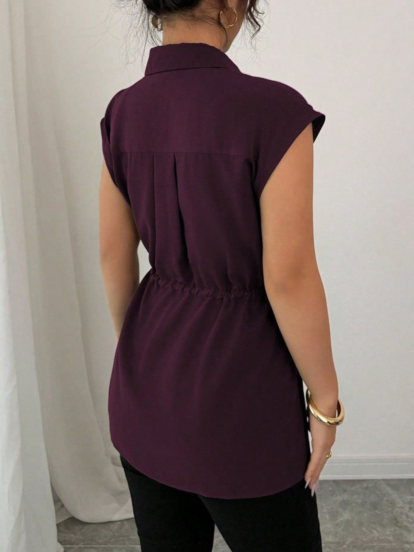 Drawstring waist cap sleeve shirt - Godess beauty  #