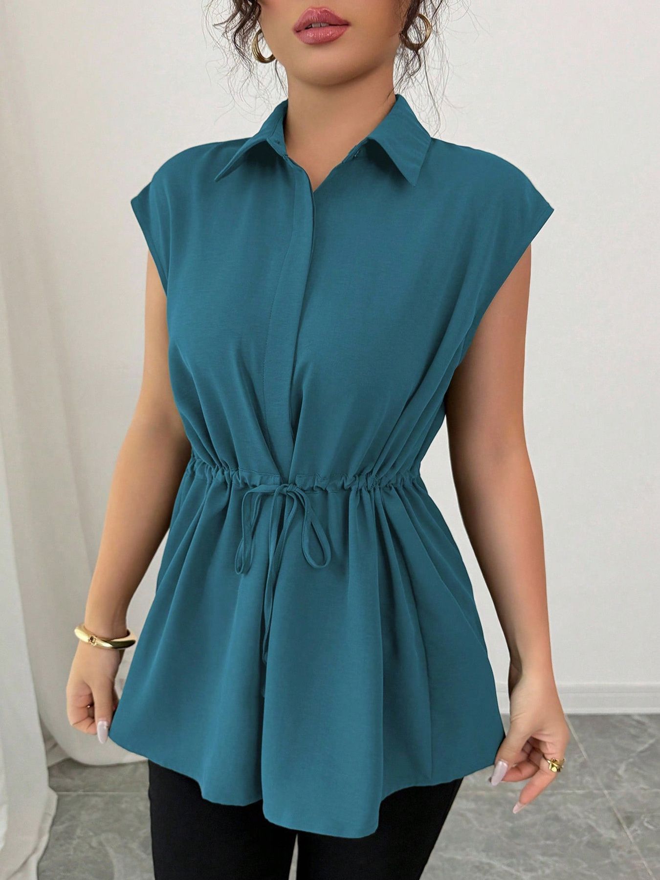 Drawstring waist cap sleeve shirt - Godess beauty  #