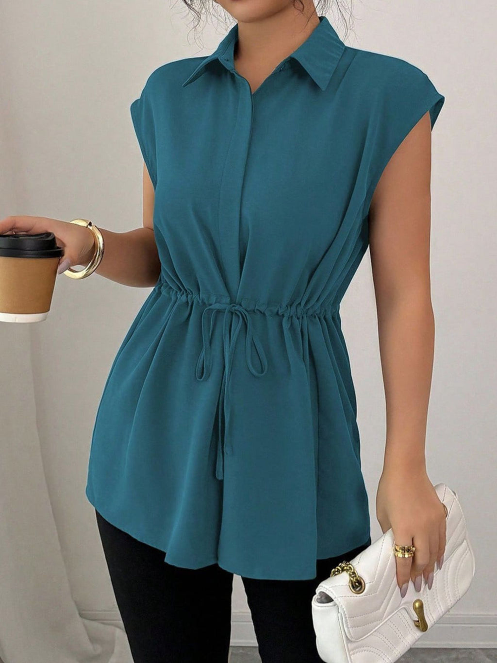 Drawstring waist cap sleeve shirt - Godess beauty  #