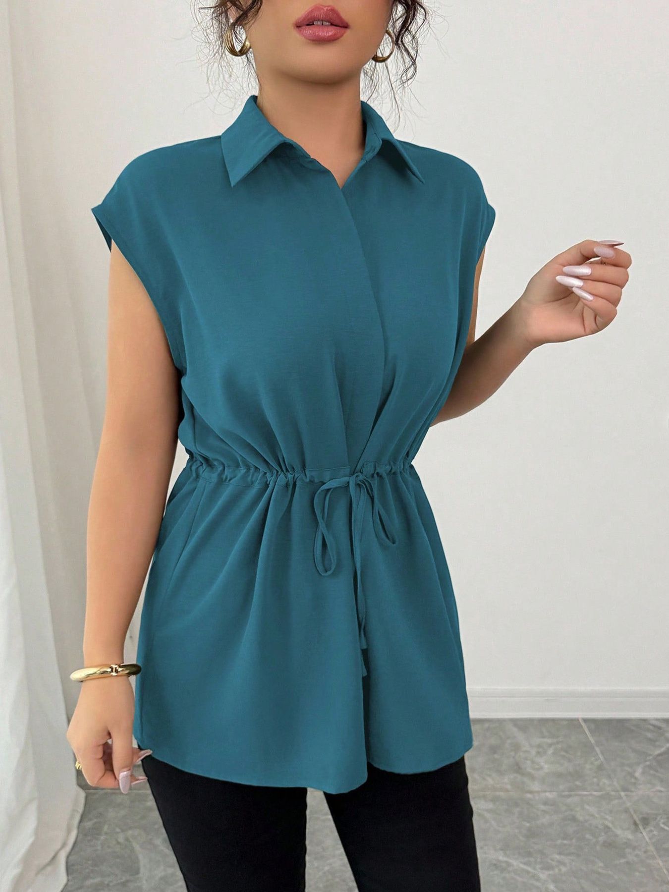 Drawstring waist cap sleeve shirt - Godess beauty  #