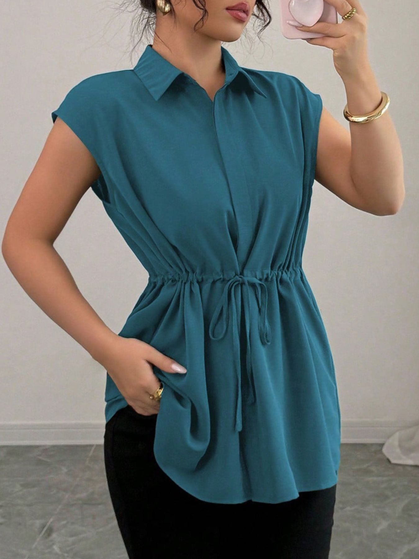 Drawstring waist cap sleeve shirt - Godess beauty  #