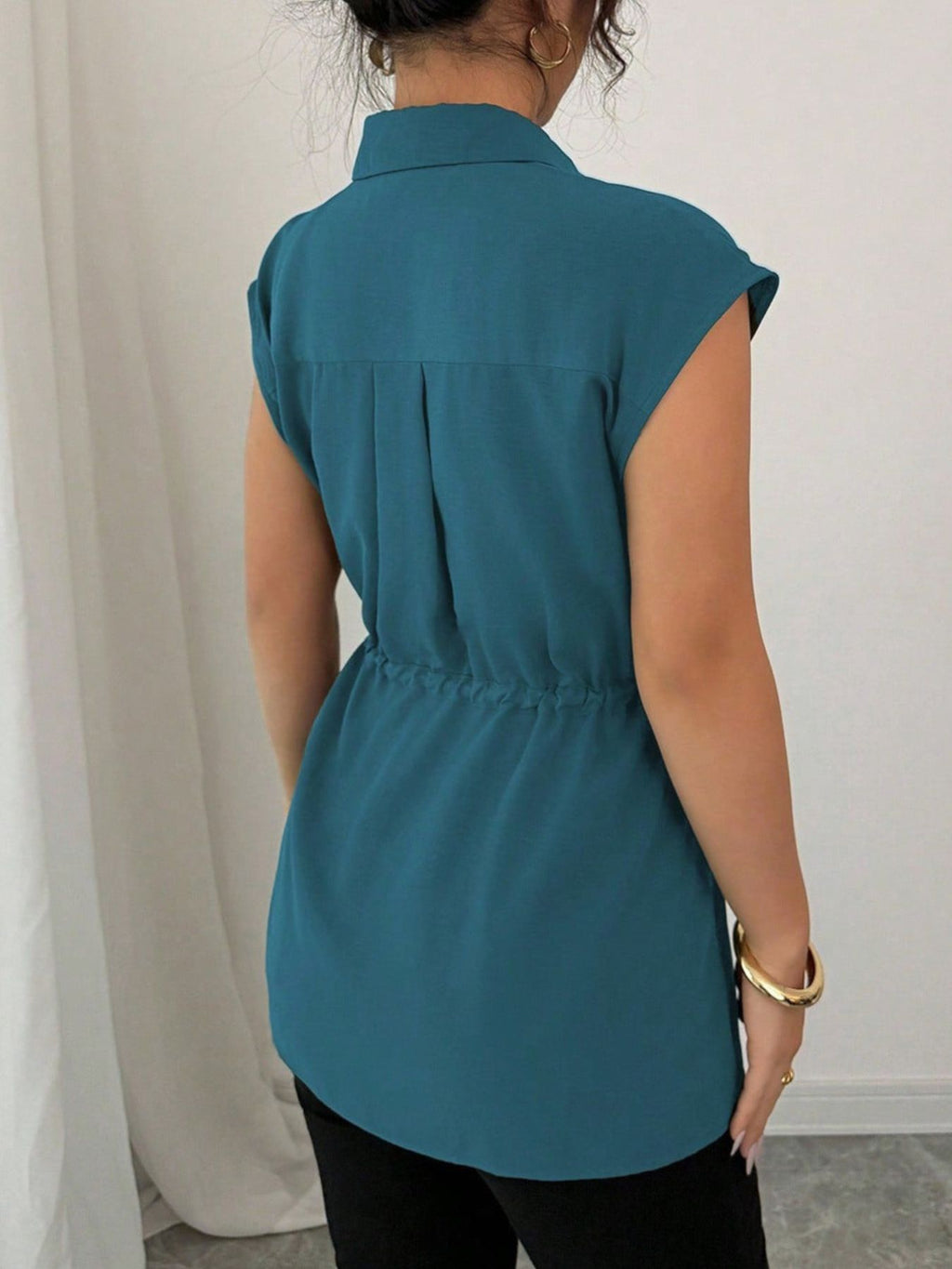 Drawstring waist cap sleeve shirt - Godess beauty  #