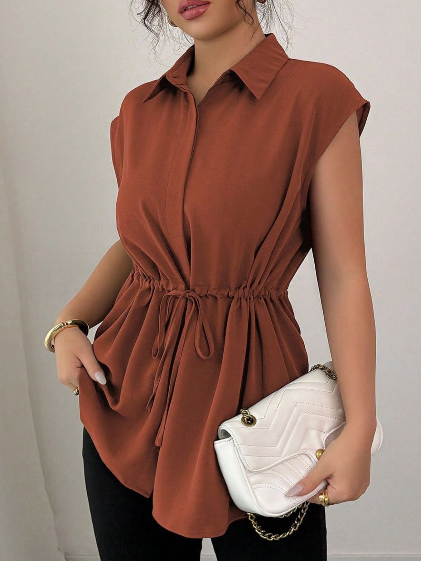 Drawstring waist cap sleeve shirt - Godess beauty  #