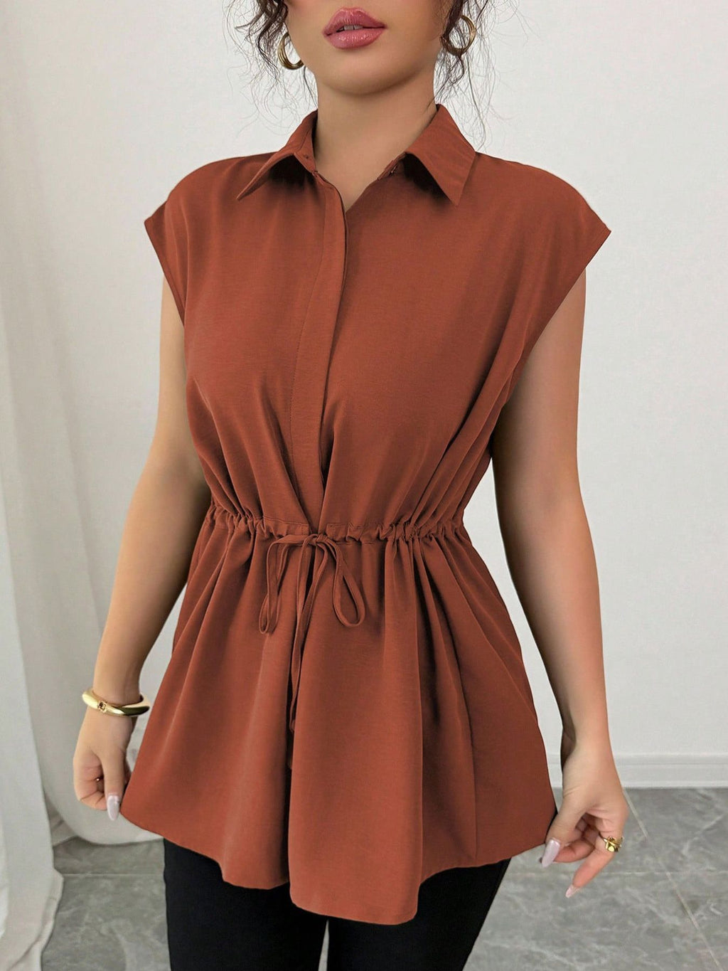 Drawstring waist cap sleeve shirt - Godess beauty  #