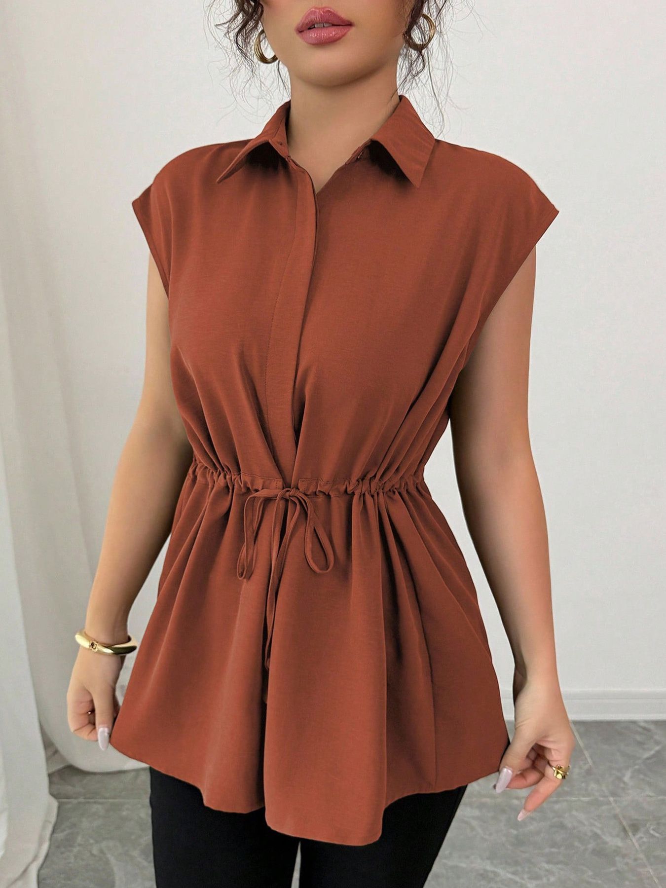 Drawstring waist cap sleeve shirt - Godess beauty  #
