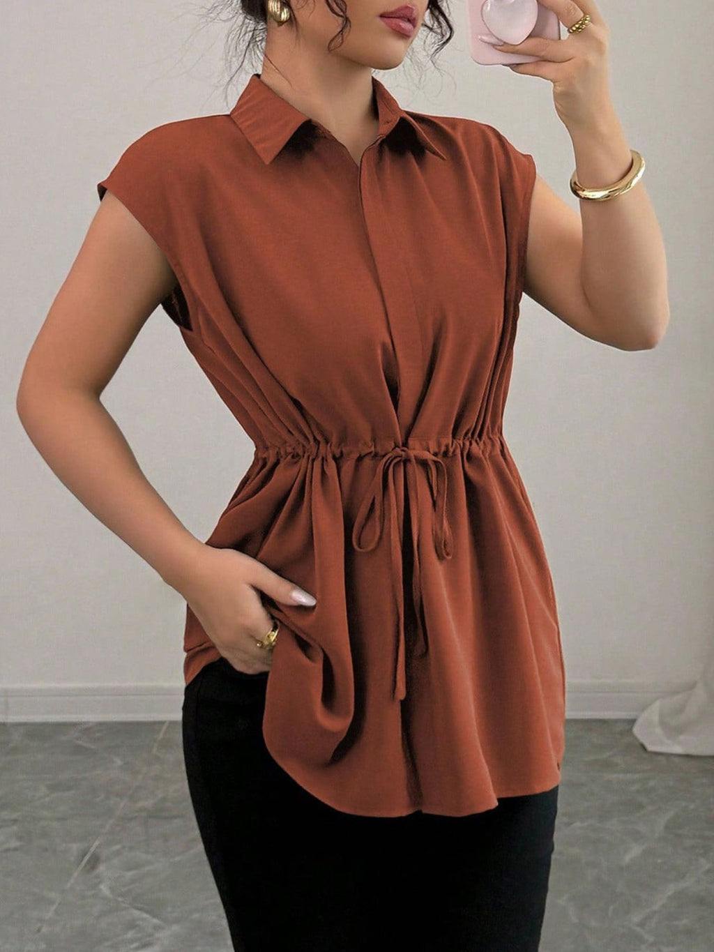 Drawstring waist cap sleeve shirt - Godess beauty  #