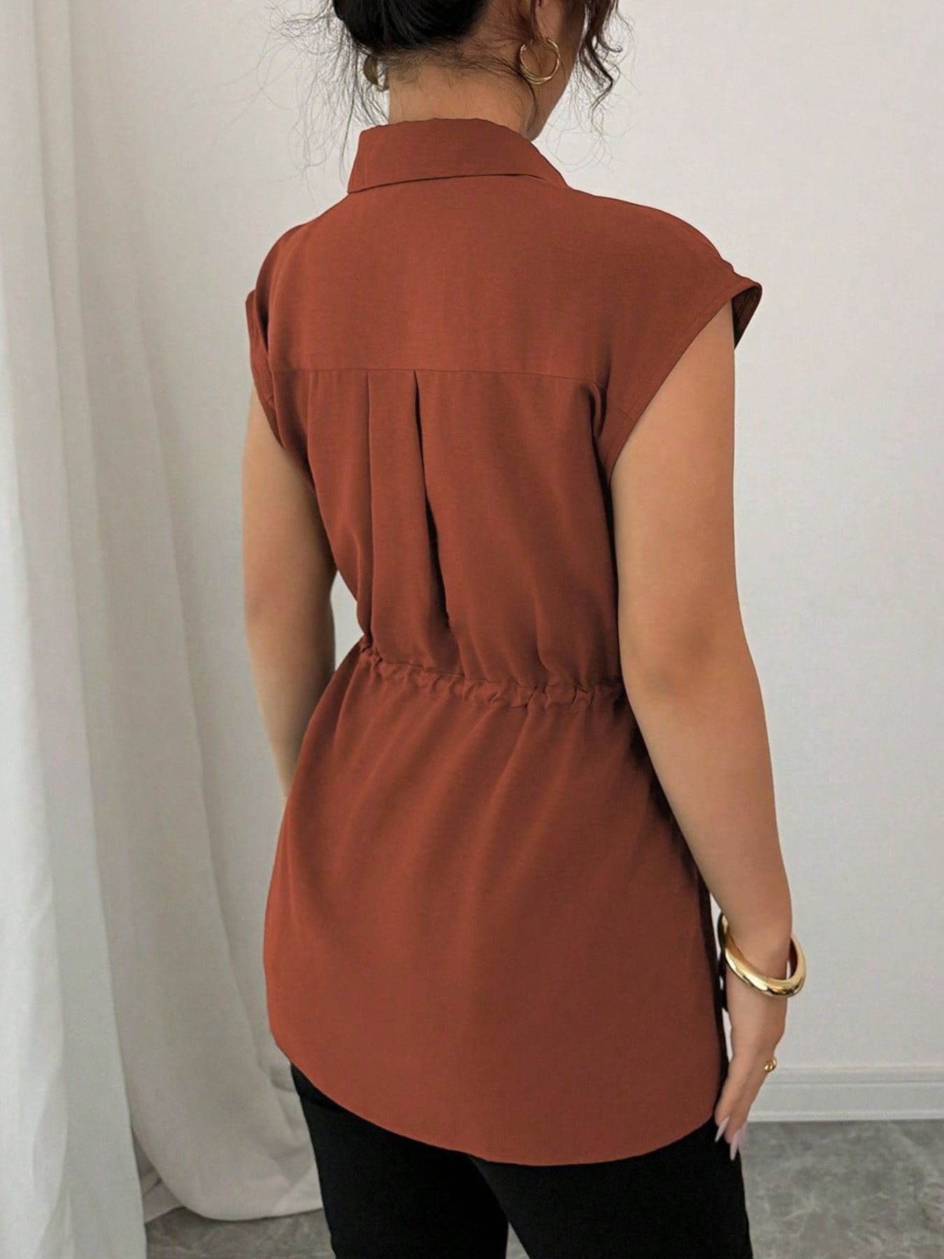 Drawstring waist cap sleeve shirt - Godess beauty  #