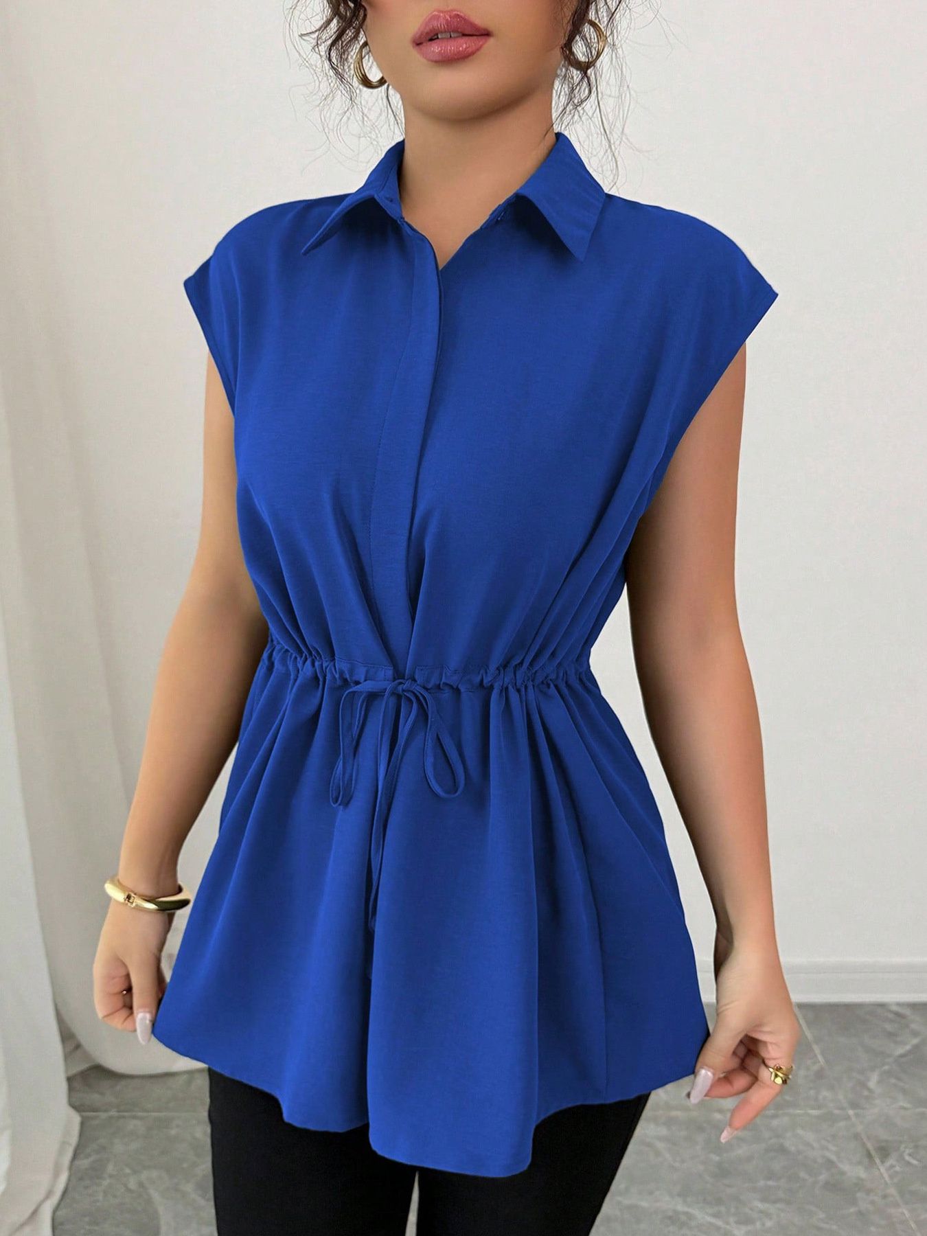 Drawstring waist cap sleeve shirt - Godess beauty  #