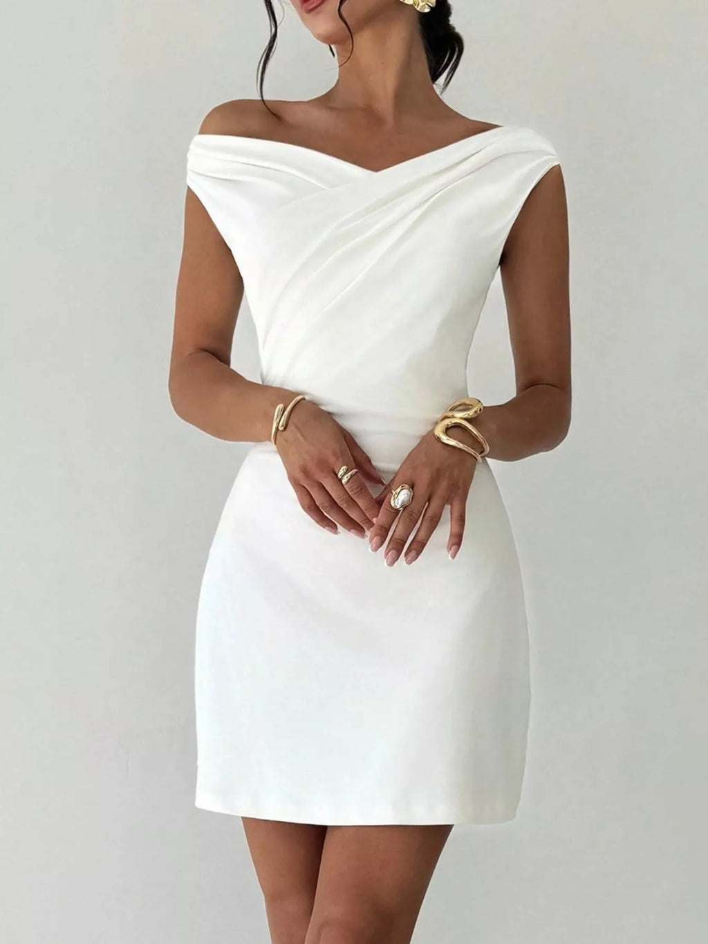 Elegant Off-Shoulder Draped Mini Dress - Godess beauty  #