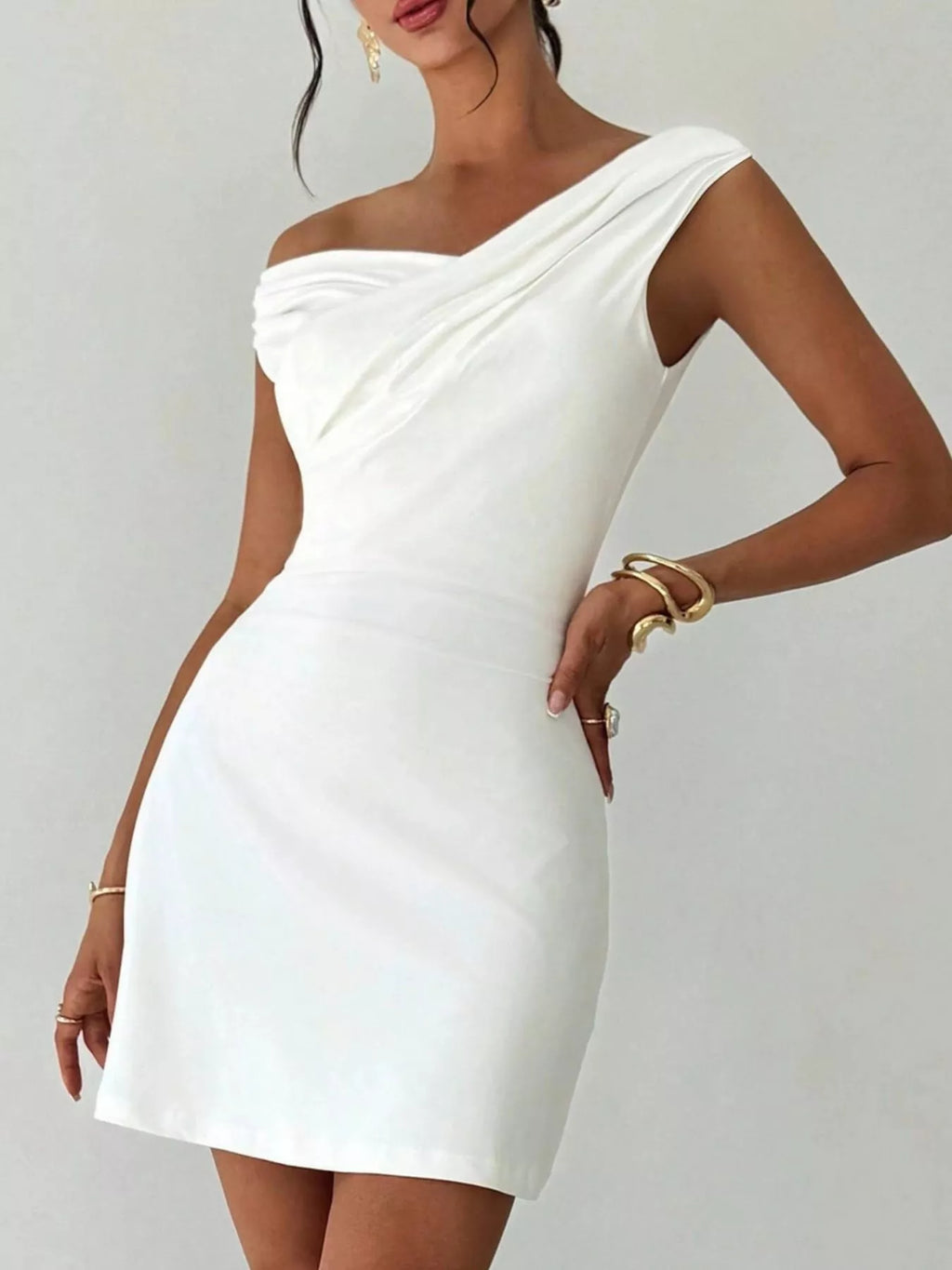 Elegant Off-Shoulder Draped Mini Dress - Godess beauty  #