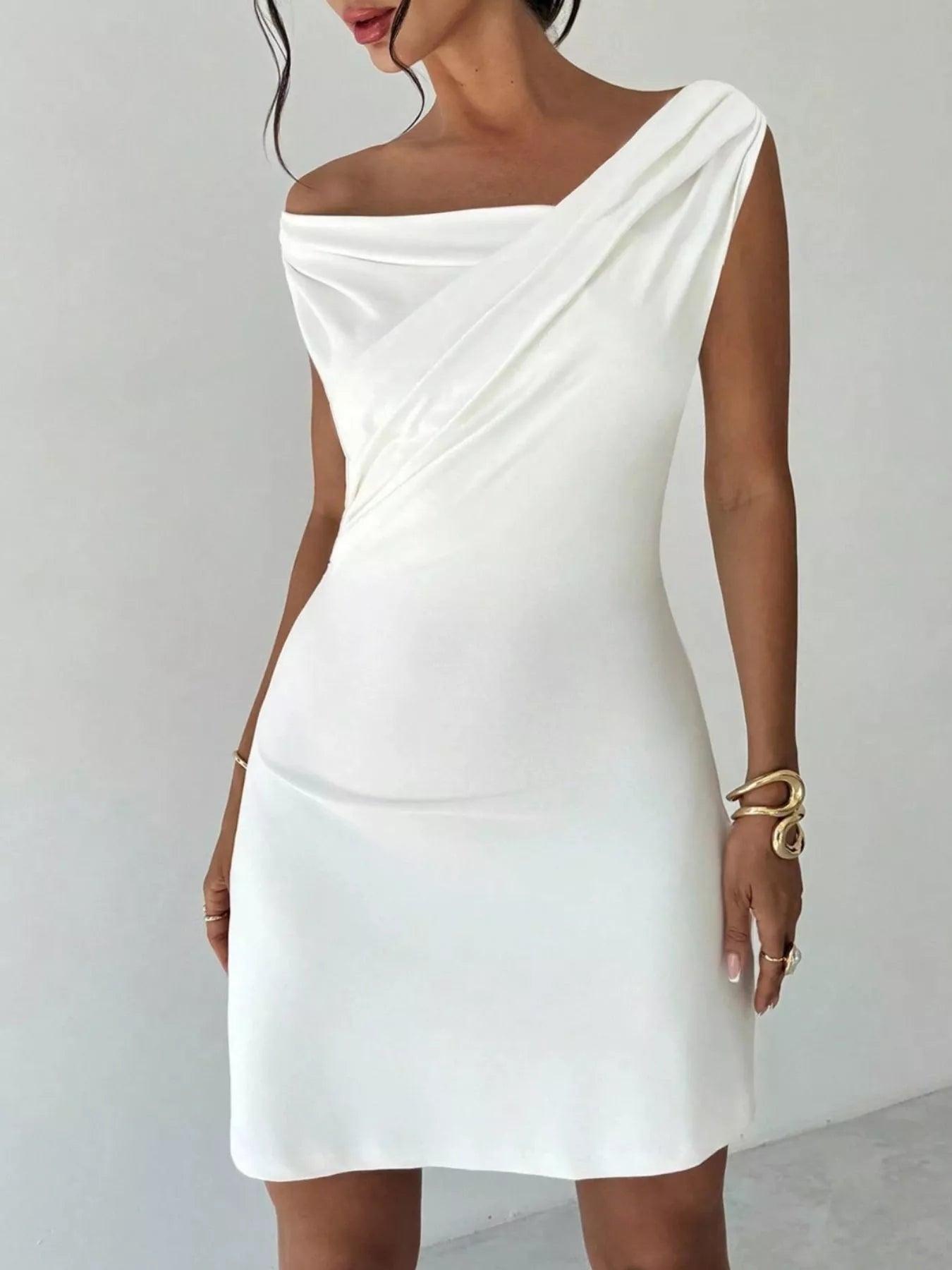 Elegant Off-Shoulder Draped Mini Dress - Godess beauty  #