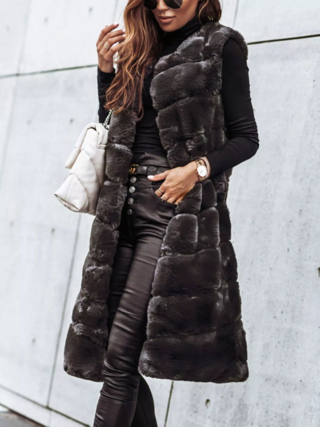 Faux Fur Longline Vest Coat - Godess Beauty  #