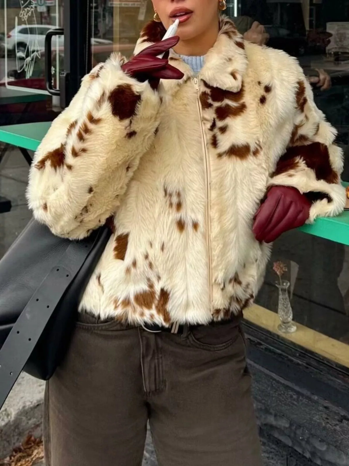 Faux Fur Zip Up Cropped Outerwear - Godess Beauty  #