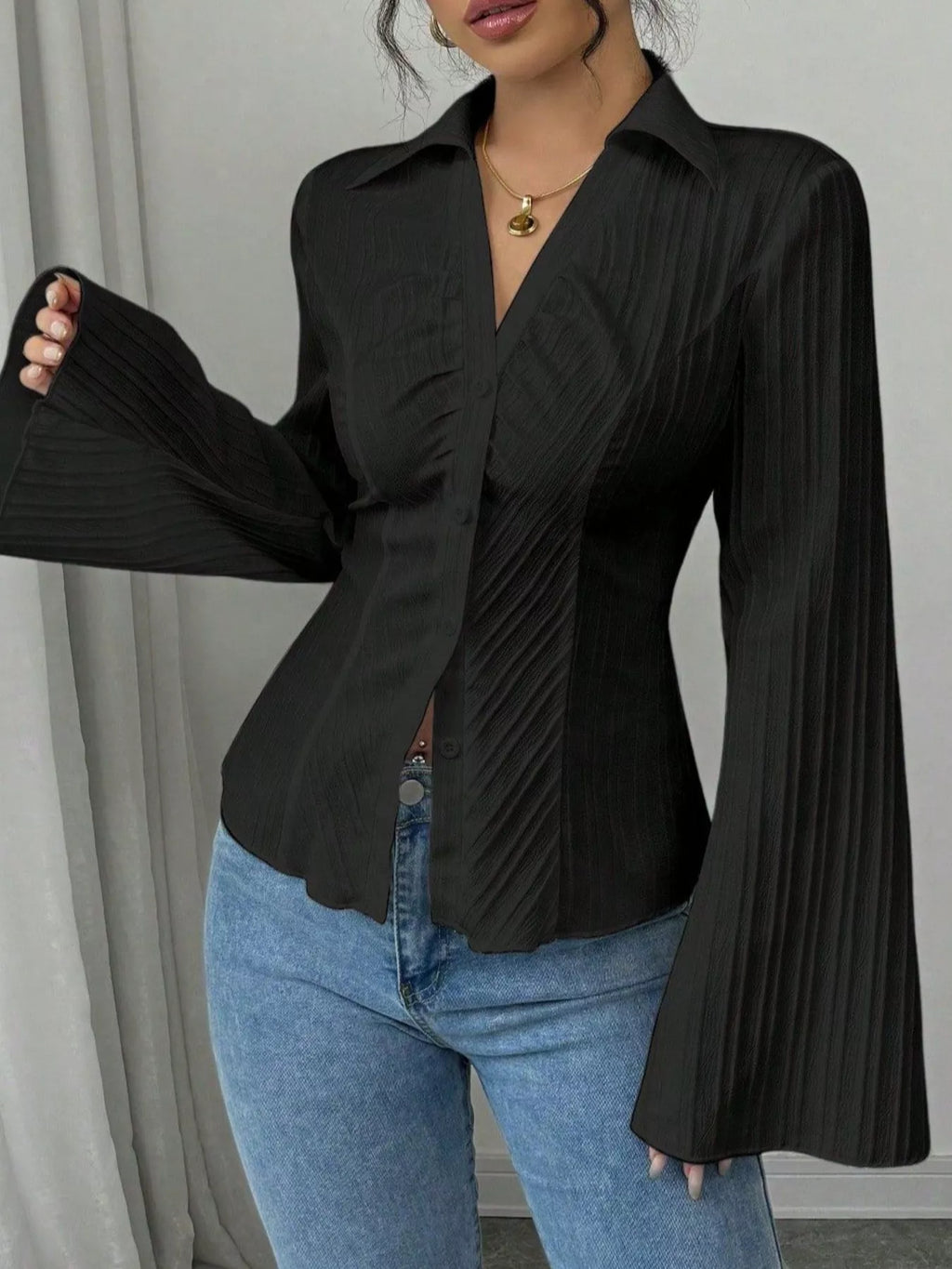 Flare Sleeve Button Up Shirt - Godess beauty  #