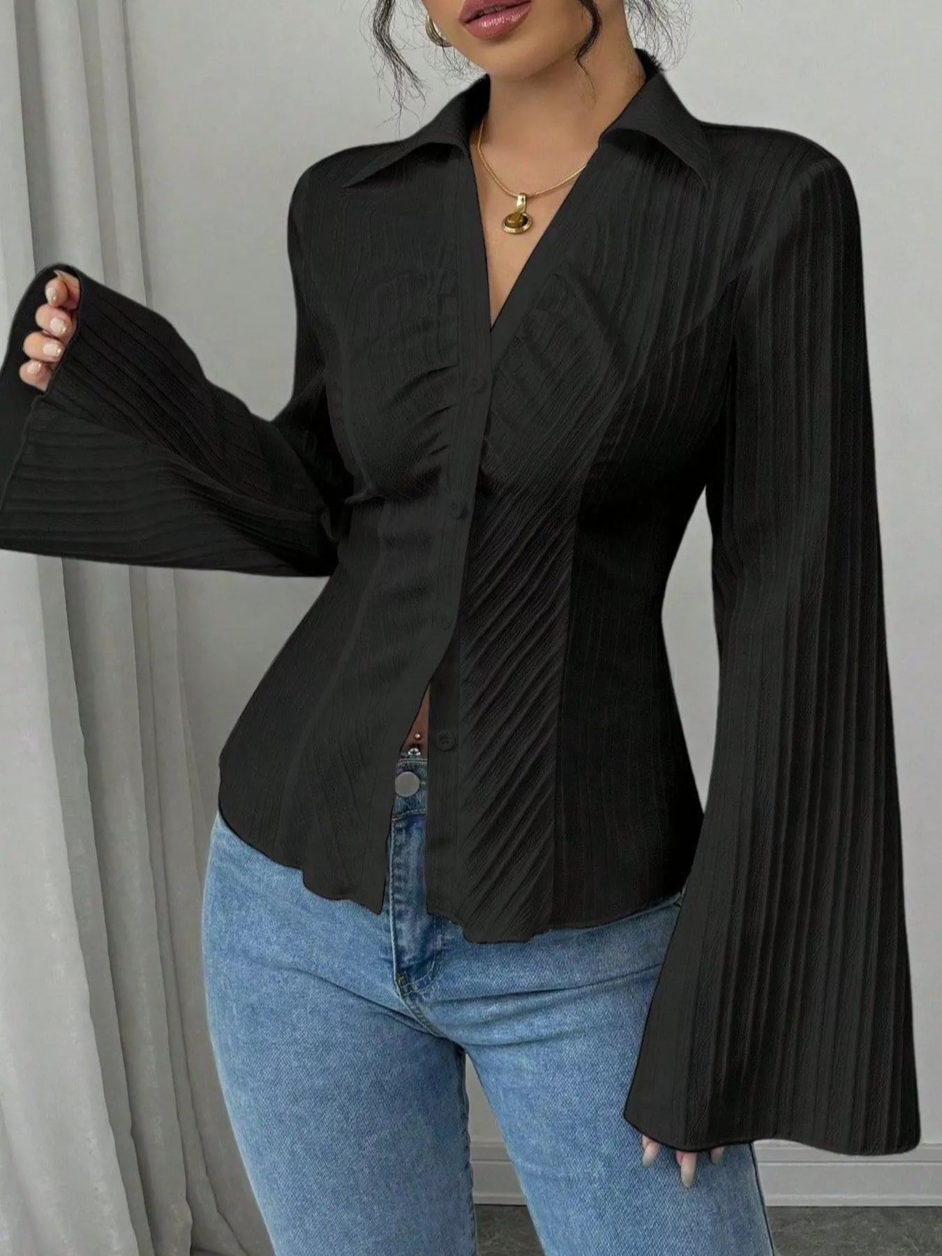 Flare Sleeve Button Up Shirt - Godess beauty  #