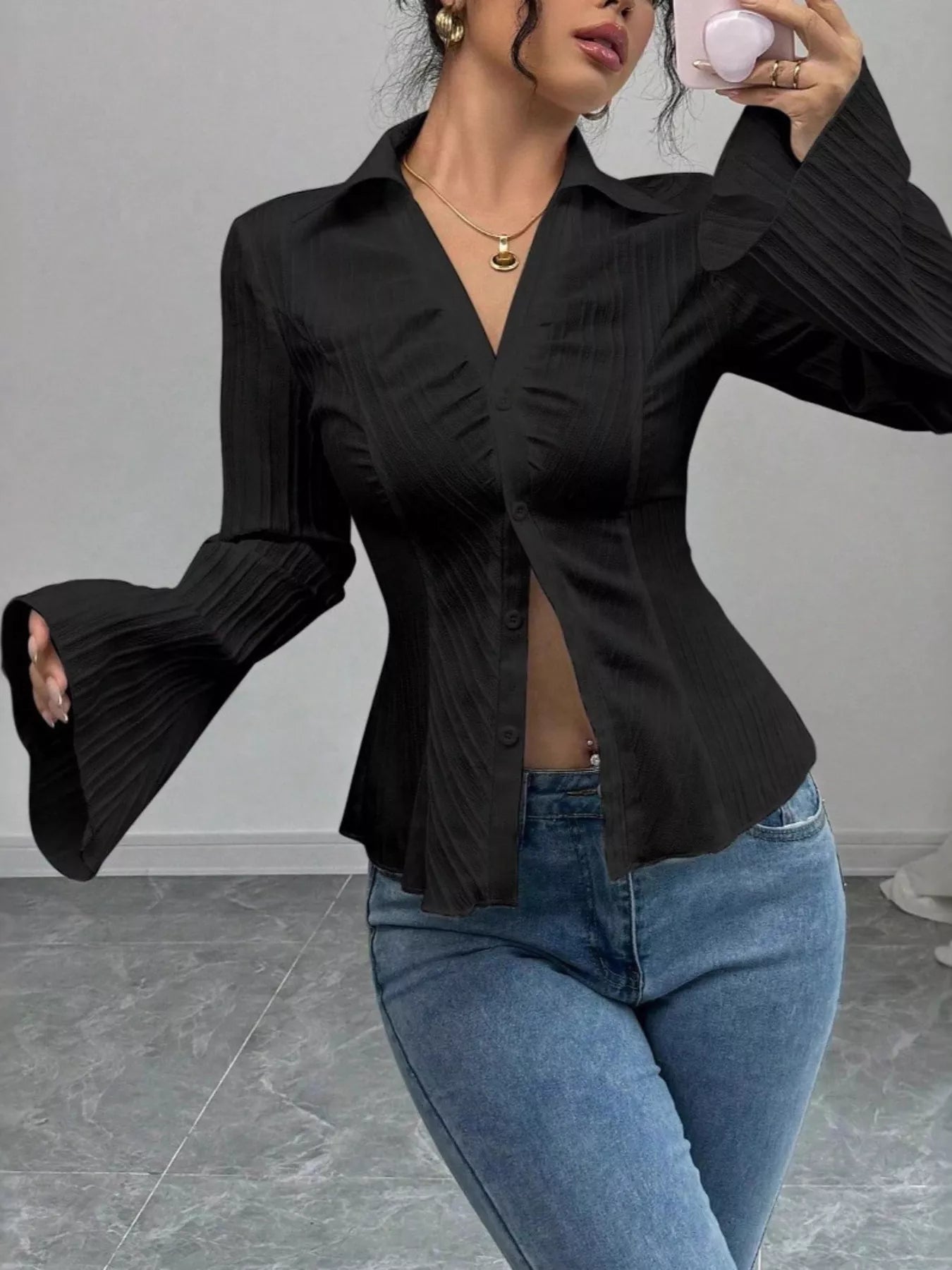 Flare Sleeve Button Up Shirt - Godess beauty  #