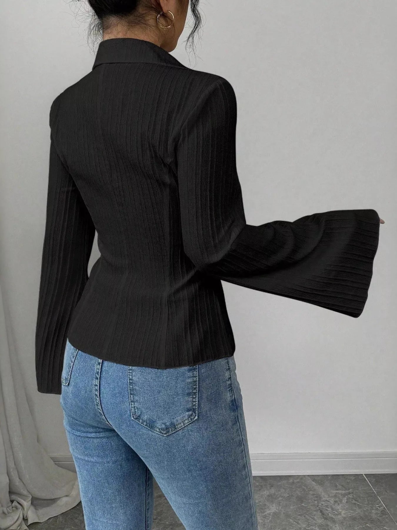 Flare Sleeve Button Up Shirt - Godess beauty  #