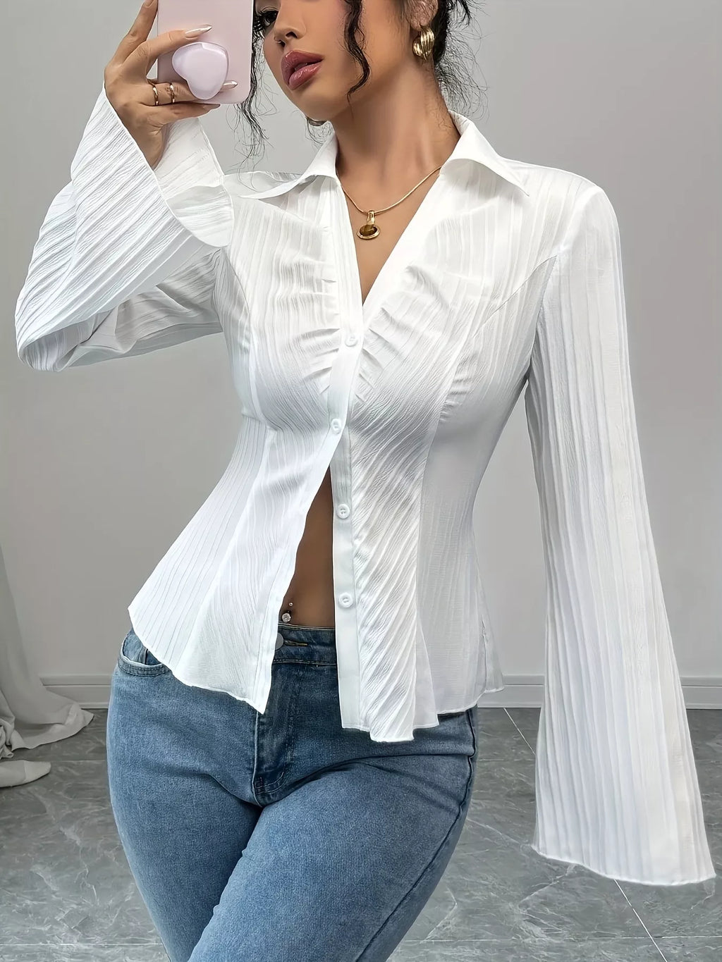 Flare Sleeve Button Up Shirt - Godess beauty  #