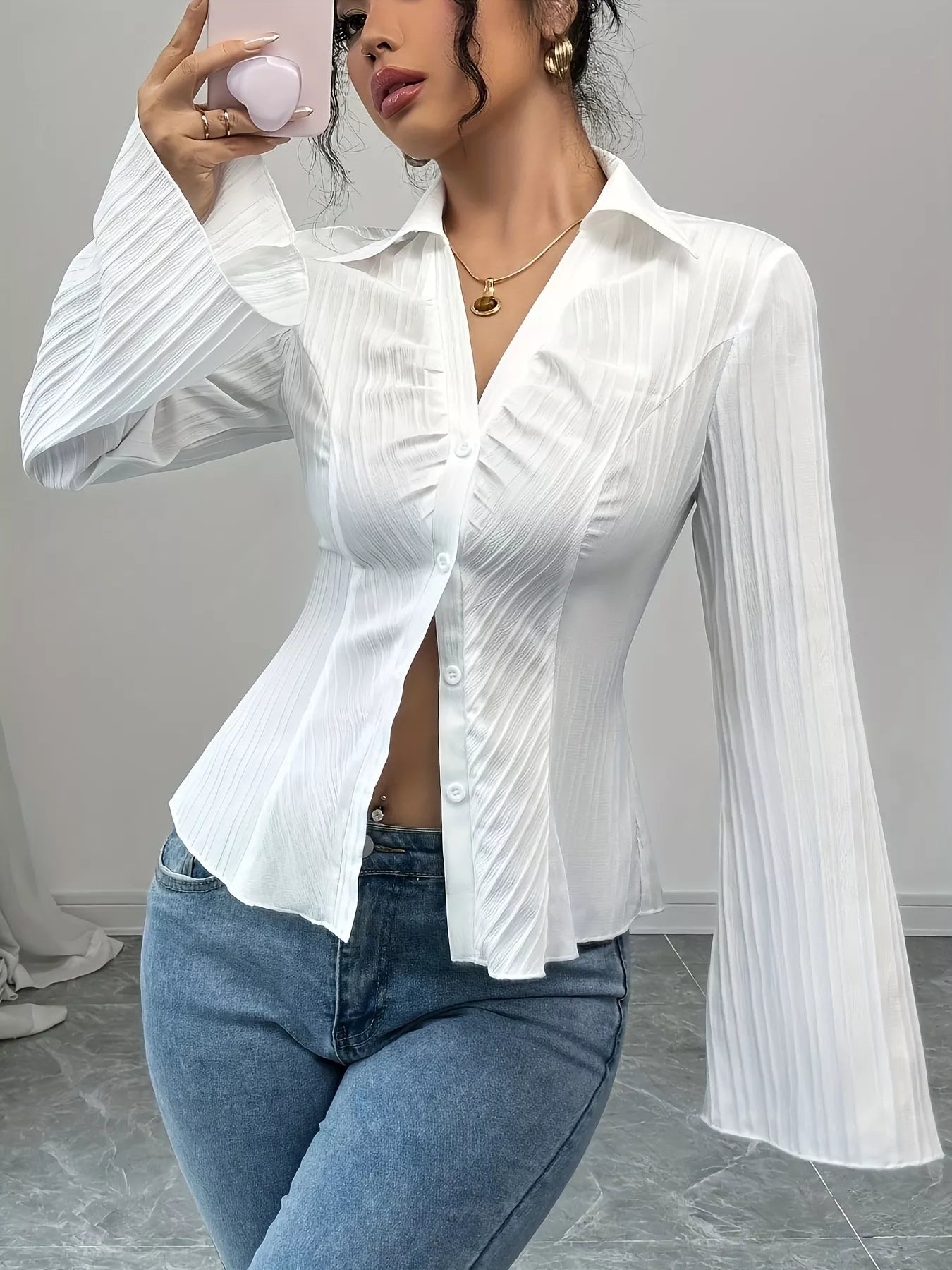 Flare Sleeve Button Up Shirt - Godess beauty  #
