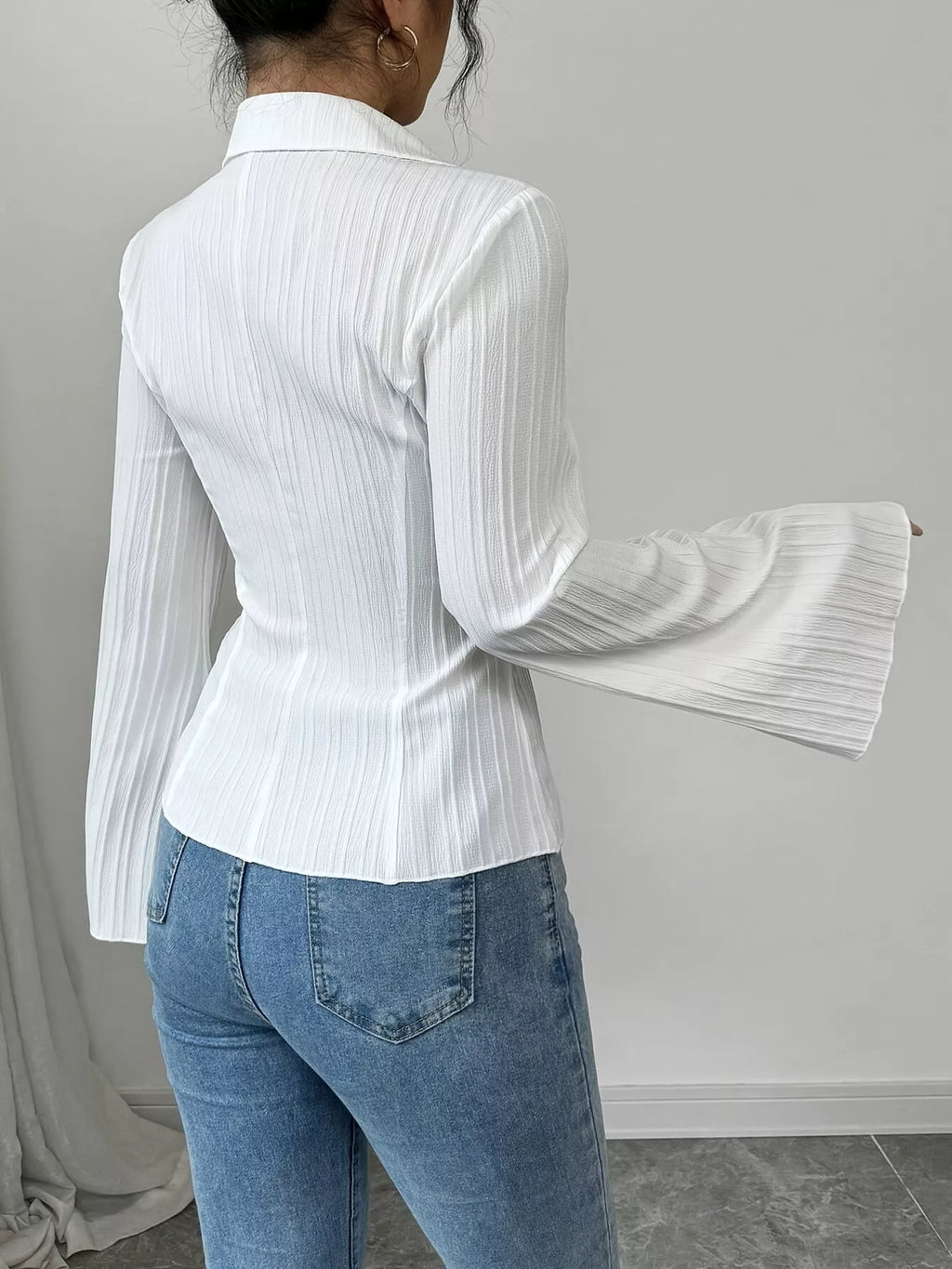 Flare Sleeve Button Up Shirt - Godess beauty  #