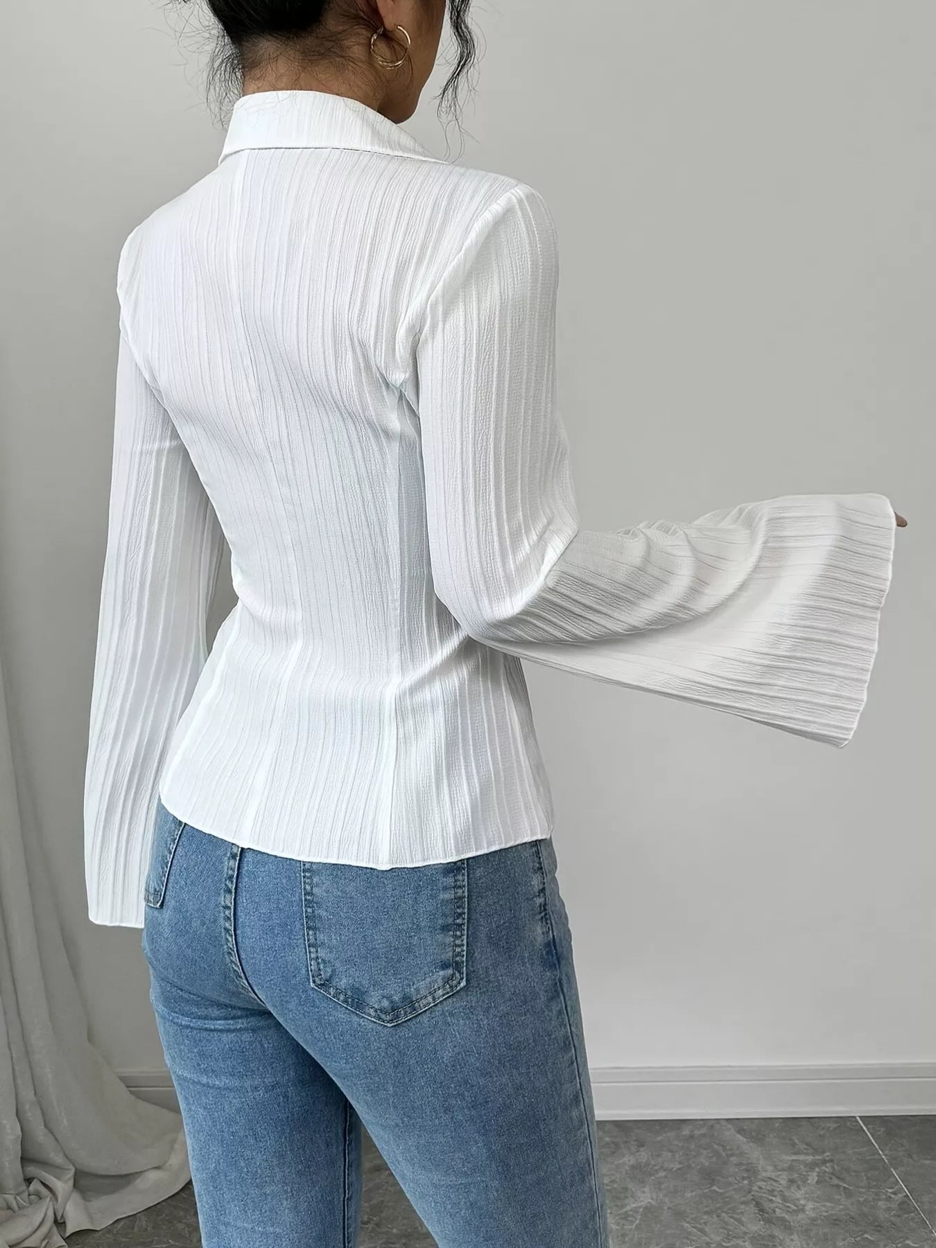 Flare Sleeve Button Up Shirt - Godess beauty  #