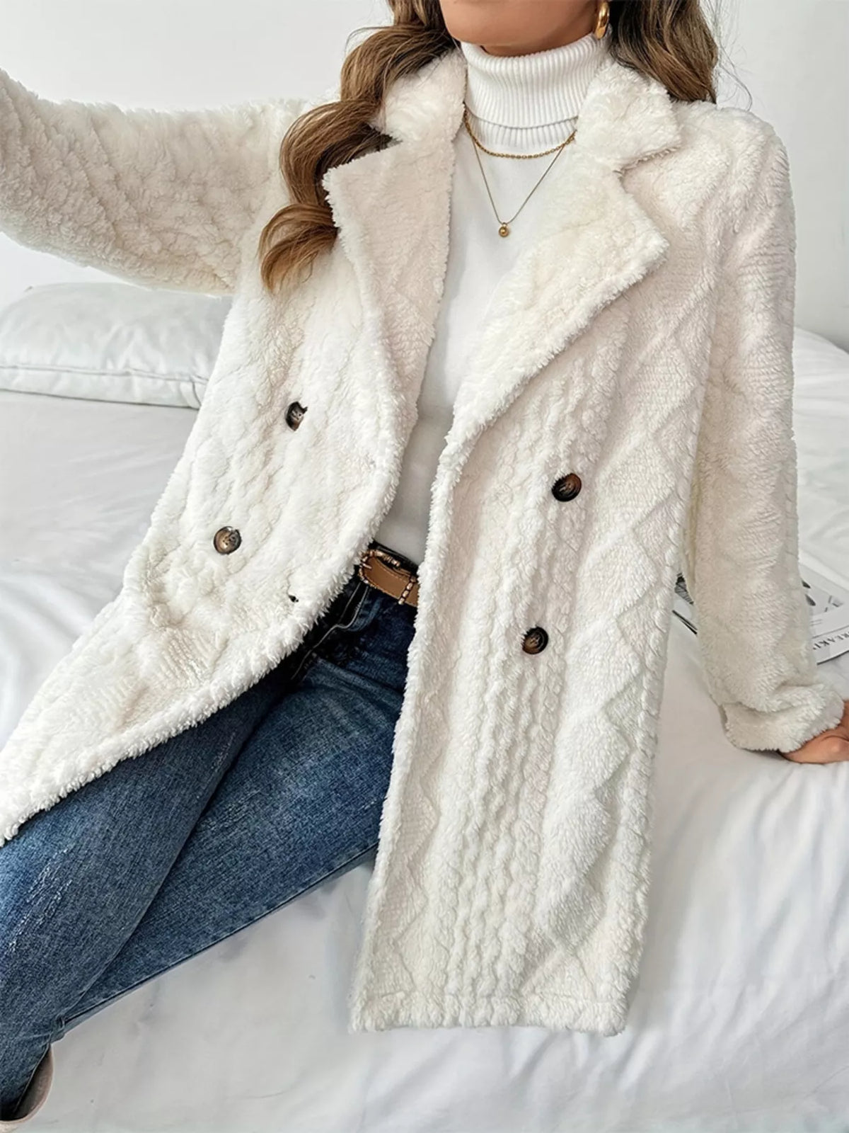 Fleece Double-Breasted Longline Coat - Godess Beauty  #