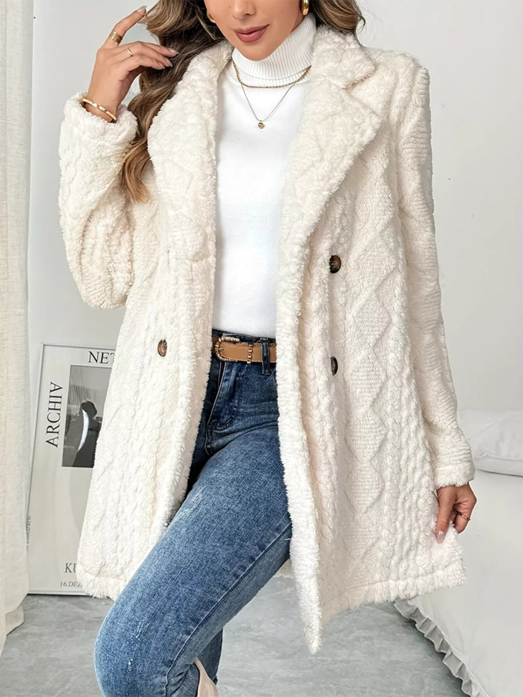 Fleece Double-Breasted Longline Coat - Godess Beauty  #