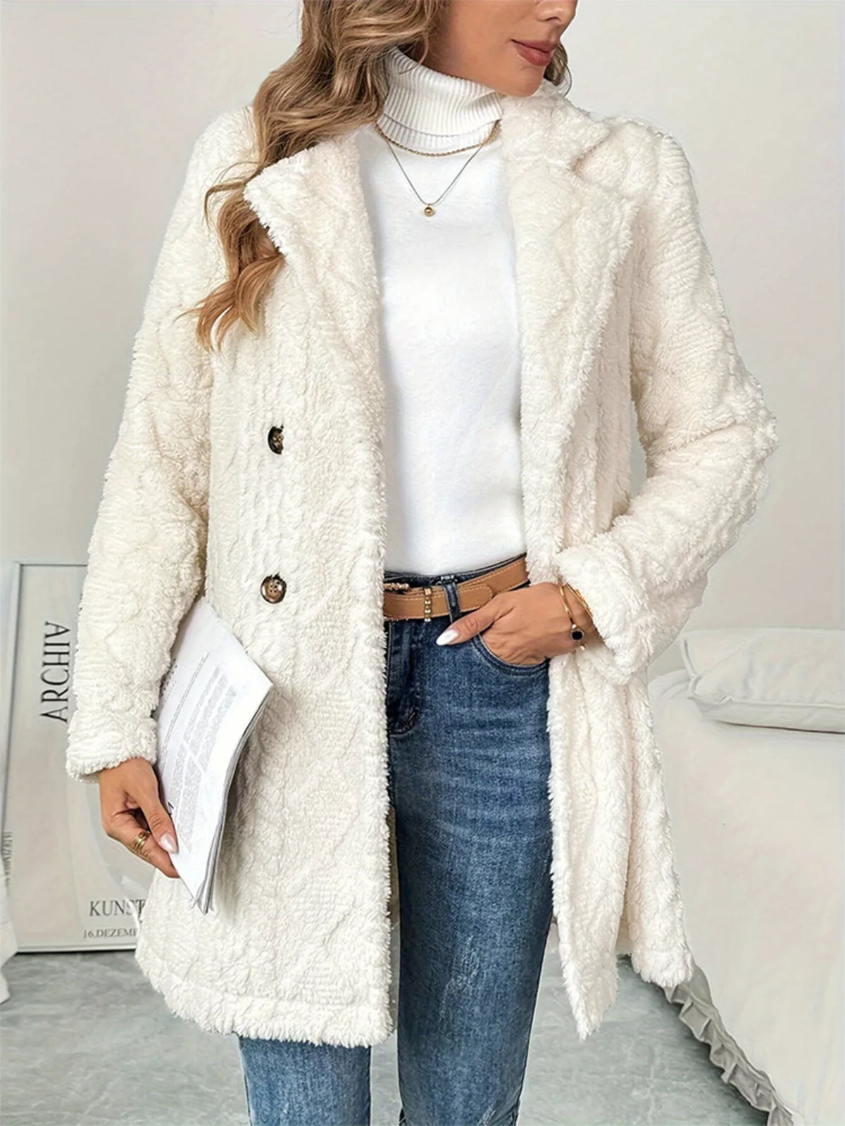 Fleece Double-Breasted Longline Coat - Godess Beauty  #