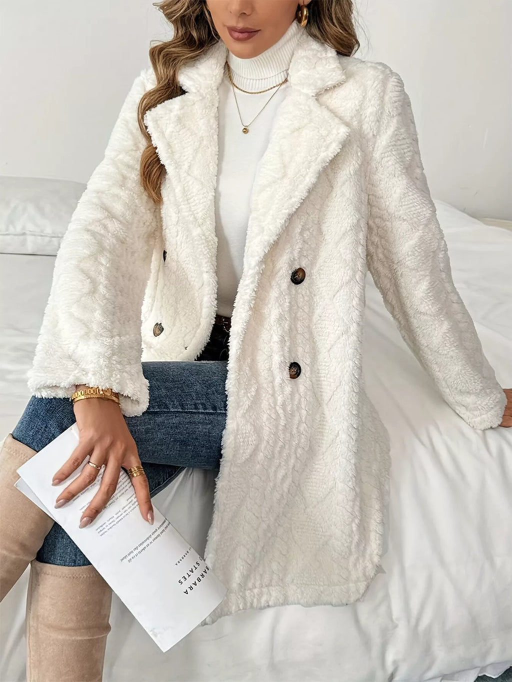 Fleece Double-Breasted Longline Coat - Godess Beauty  #